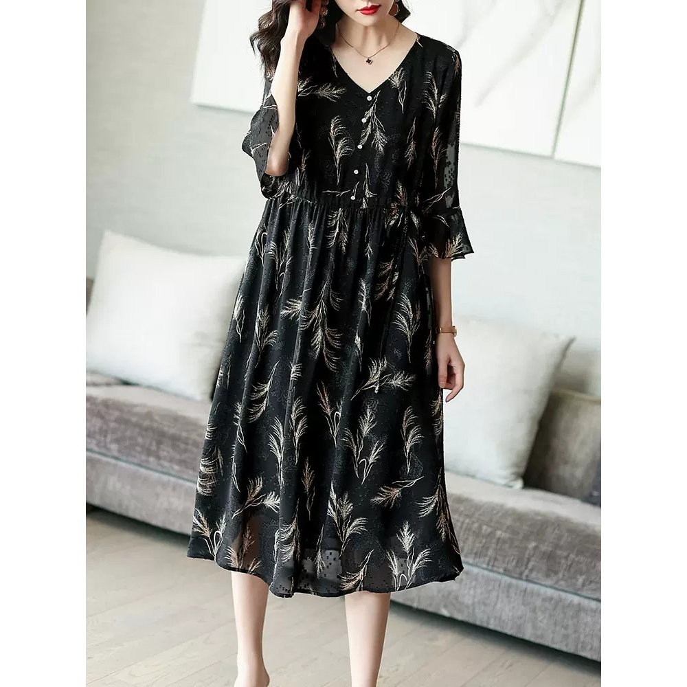 VS - Dress Kelva Wanita Motif Palm Korean Style