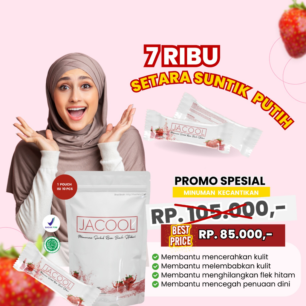 Jacool Collagen Drink Minuman Kolagen Ikan + Vitamin C L-Glutathione Rasa Strawberry Suplemen Kecantikan Perawatan Kulit Minuman Serbuk Collagen Beauty Drink Tripeptide Isi 10 Sachet BPOM