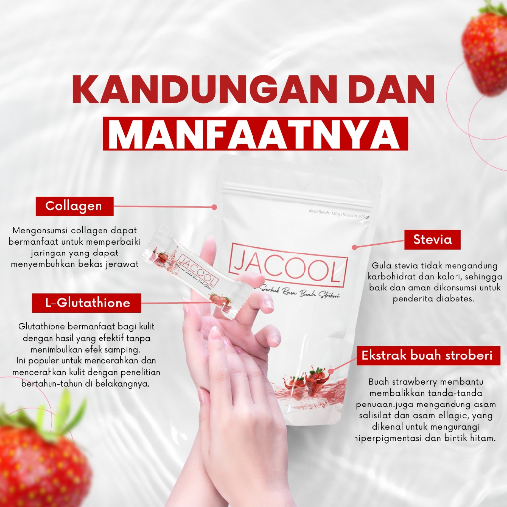 Jacool Collagen Drink Minuman Kolagen Ikan + Vitamin C L-Glutathione Rasa Strawberry Suplemen Kecantikan Perawatan Kulit Minuman Serbuk Collagen Beauty Drink Tripeptide Isi 10 Sachet BPOM