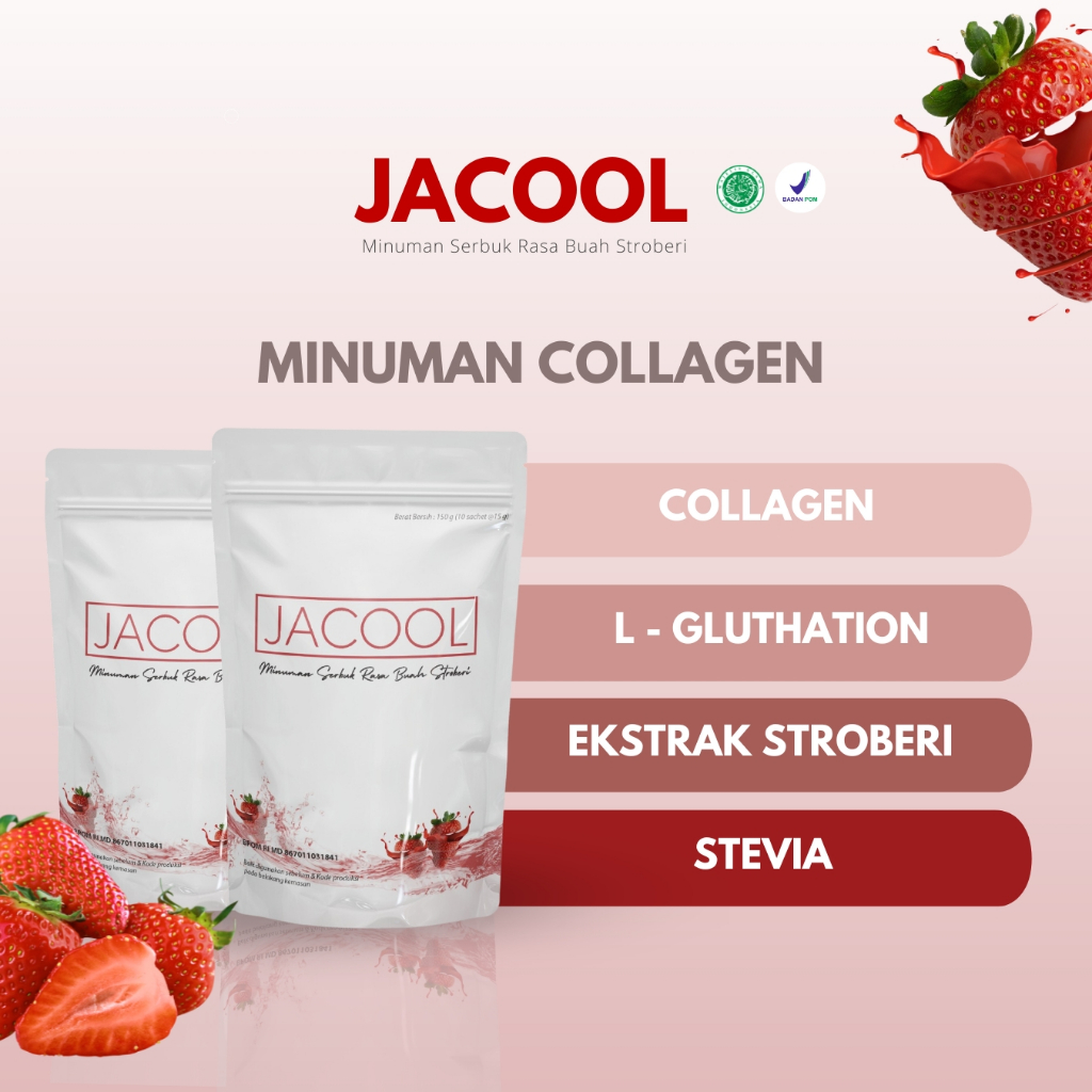 Jacool Collagen Drink BPOM Minuman Kolagen Ikan + Vitamin C Rasa Strawberry Suplemen Kecantikan Perawatan Kulit Minuman Serbuk Collagen Beauty Drink Tripeptide L-Glutathione Isi 10 Sachet