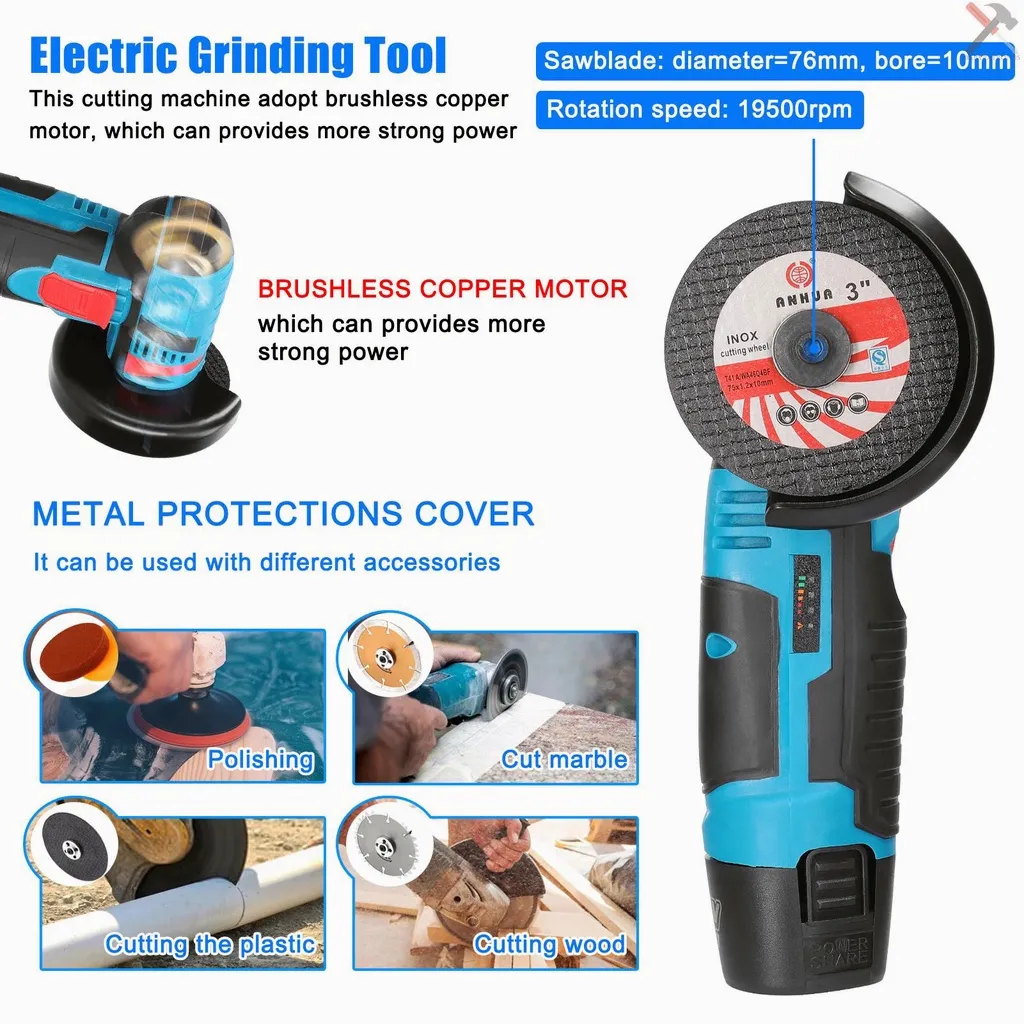 16.8V Mesin Gerinda Angle Grinder Mesin Gerinda Tangan Listrik Angle Grinder Penggiling Sudut Portable Multifungsi Untuk Potong / Poles Ubin Keramik / Kayu DIY