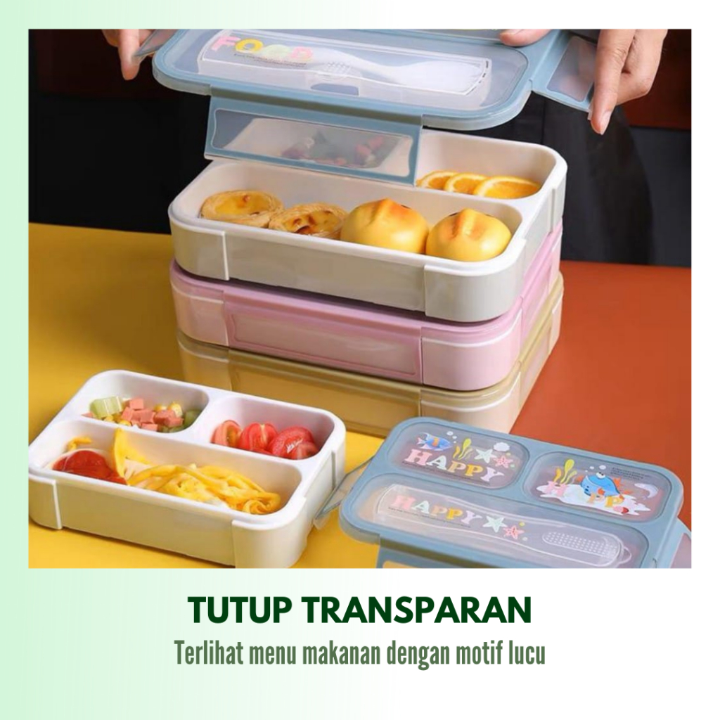 Kotak Makan Anti Tumpah 4 Sekat Karakter Anak TK SD Microwave Safe