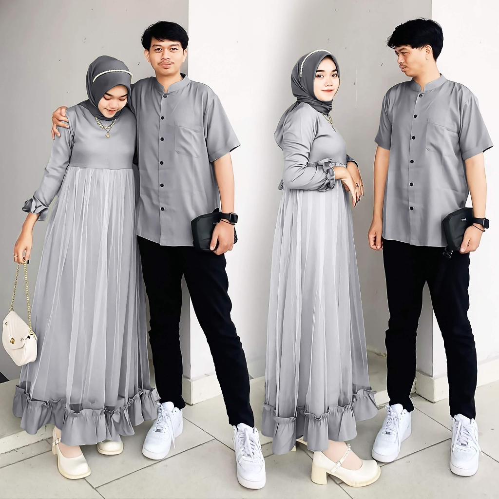 ELDE 12 - Couple Marhaban Bahan Shakila Full Lapis Tile Maxi Sleting Belakang Ada Tali Ikat Nempel Kiri Kanan + Kemeja Ada Saku