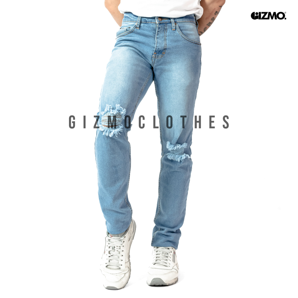 Gizmo - Celana Sobek Pria Grey Retro Ripped Jeans Robek Lutut Soft Denim Strech Skinny Fit / Bioblitz Ripped