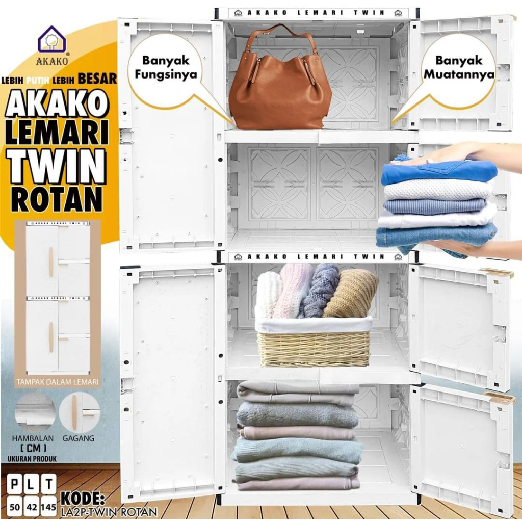 AKAKO - LEMARI PAKAIAN PLASTIK LEMARI TWIN (ROTAN) - KODE: LA2P-TWIN 1 (NEW PRODUK)