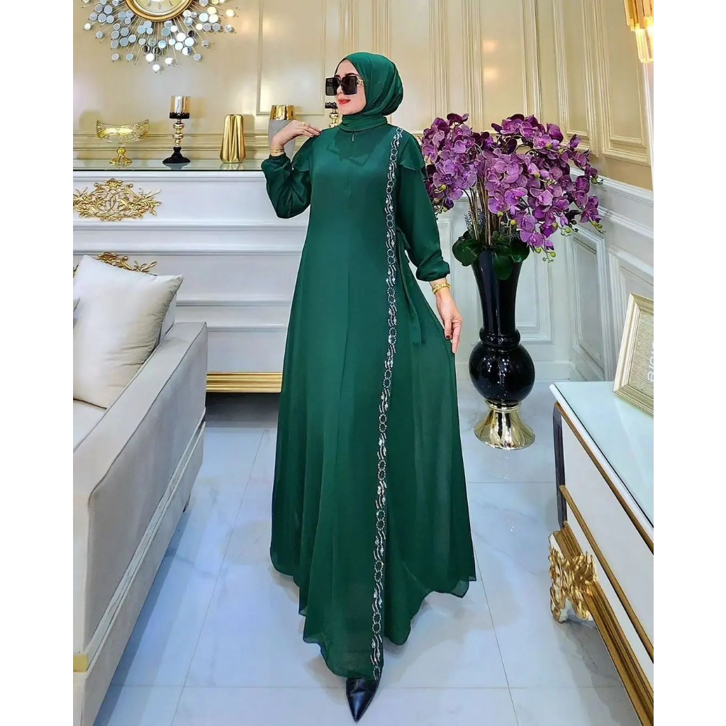 Gamis davira dress bahan ceruty baby doll premium full furing / busui / resleting depan original