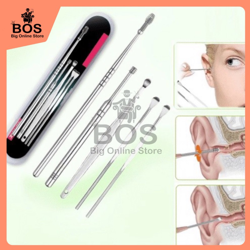 BOS - Korek Kuping Set 5in1 | Paket Alat Pembersih Kuping Stainless Steel 5 in 1