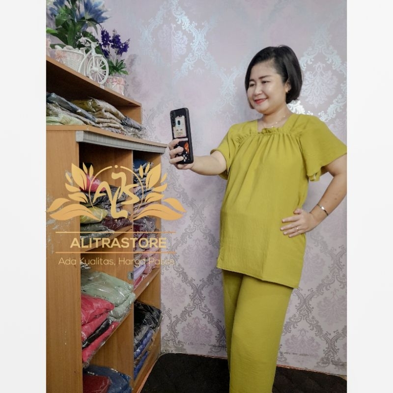 Setelan OneSet fuji Jumbo Lengan Pendek Crincle Polos Kekinian Viral