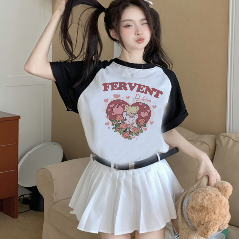 Print T-shirt Kaos Lengan Pendek Cartoon Fervent Heart Angle Oversize Atasan Wanita Korean Style