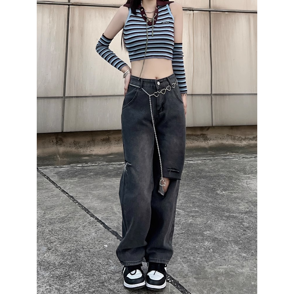 Sobek Jeans Highwaist Loose Celana Jeans Wanita Kelabu Hitam(realpict)