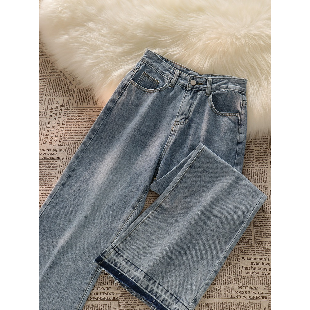 Biru muda Rawis Denim Highwaist Loose Celana Jeans Wanita korea