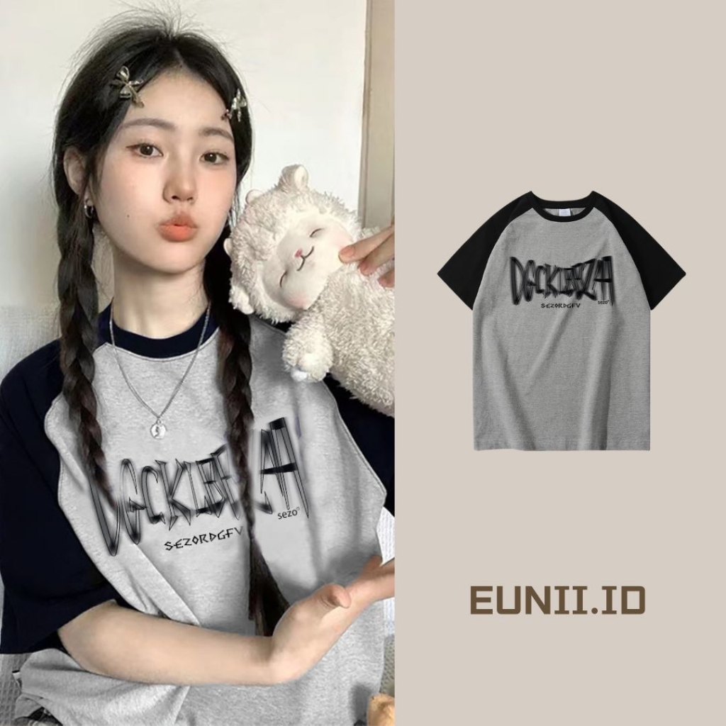 EUNII T-shirt Lengan Pendek Vintage English Design Korean Style/Kaos Atasan Wanita/Baju Kaus Oversize Wanita/Kaos Wanita