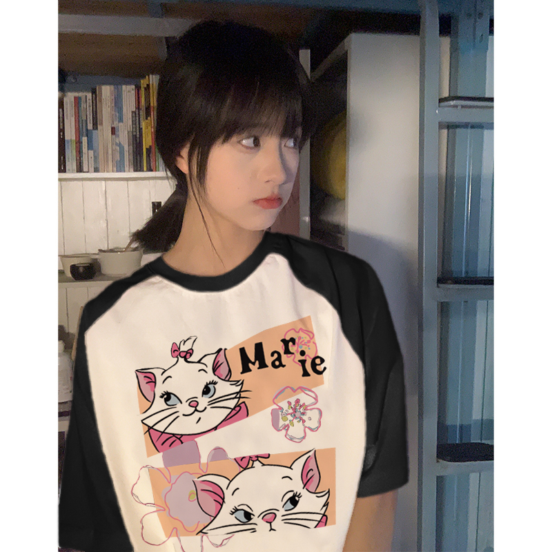 EUNII T-shirt Lengan Pendek Cartoon Marie Cat Korean Style/Kaos Atasan Wanita/Baju Kaus Oversize Wanita/Kaos Wanita