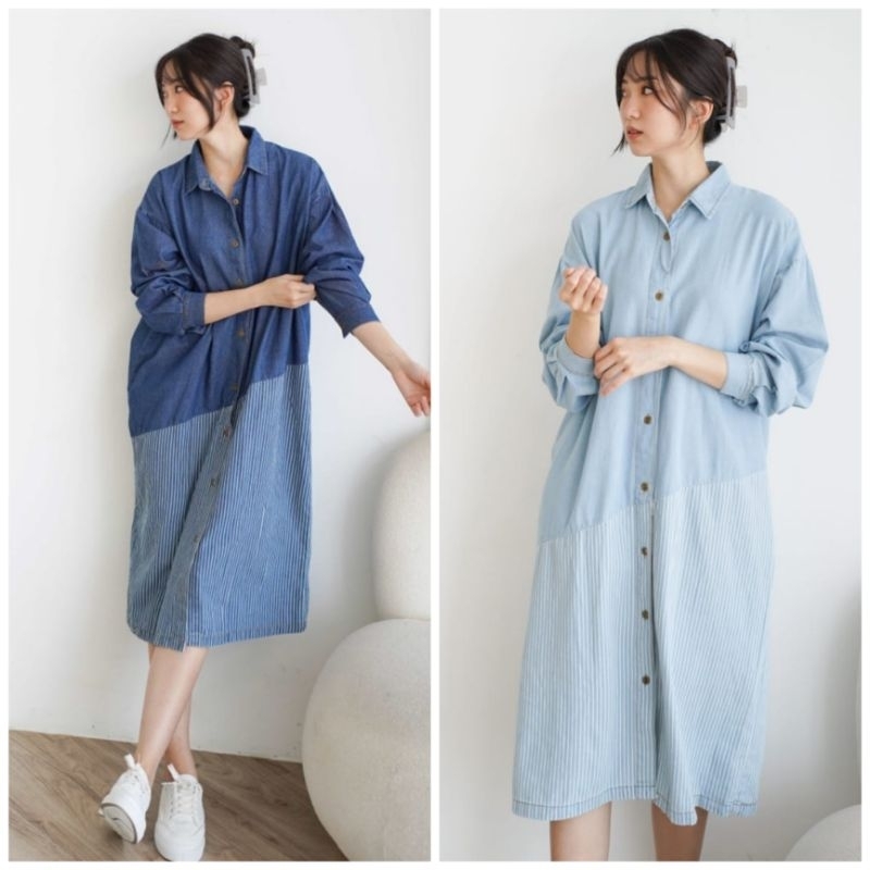 ♡ PREMIUM ♡ ORIGINAL ! VRENIES DENIM BIG SIZE LONG SLEEVE COLLAR BUTTON PLAIN COMBINATION WITH STRIPE JEANS MIDI LOOSE DRESS ( BUSUI &amp; BUMIL FRIENDLY)