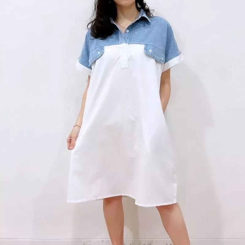 MELANI DRESS WANITA LENGAN PENDEK DENIM KOMBINASI KATUN PREMIUM HQ