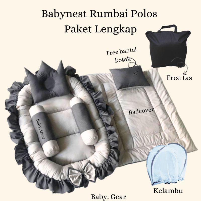 [ Paket Lengkap ]Babynest Rumbai Polos| Bantal Guling Kelambu Anti Nyamuk Dan Badcover