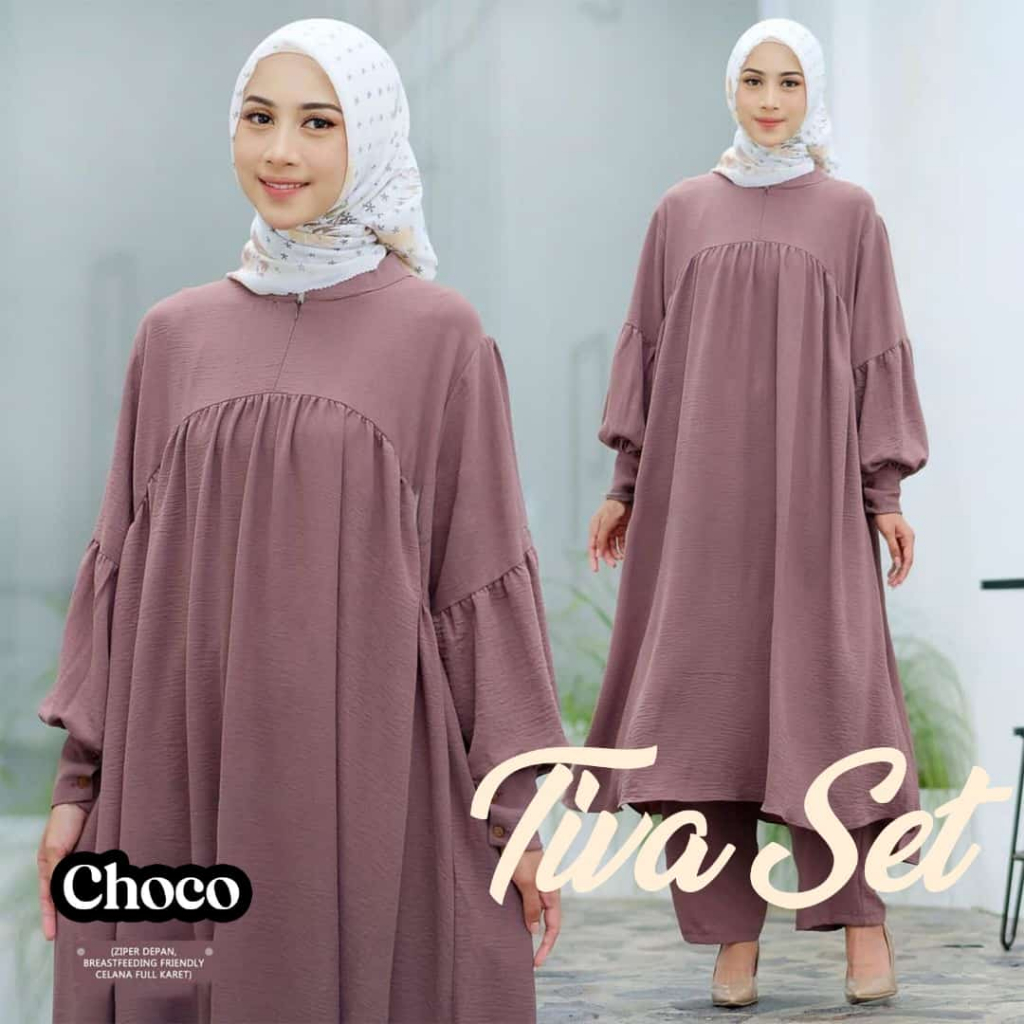 Tiva Set Long Tunik Wanita Jumbo Crinkle Air Flow / One Set Baju + Celana COD