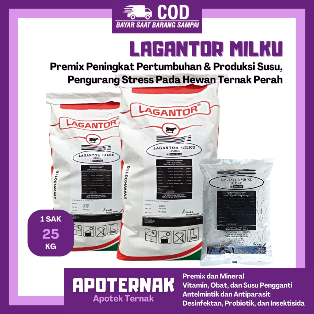 LAGANTOR MILKU 25 kg | Premix Peningkat Produksi Susu &amp; Pertumbuhan, Pengurang Stress Sapi Kambing Perah 1 kg | KALBE