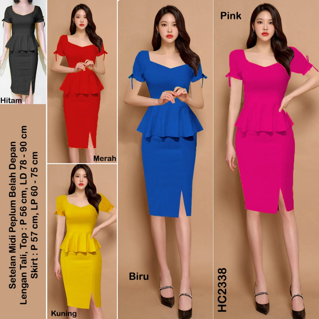 Happycorn HC2338 Setelan Midi Peplum Belah Depan Lengan Pendek Tali Stretch Bodycon / Setelan Midi D