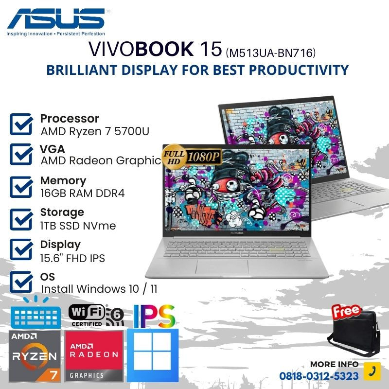 ASUS VIVOBOOK 15 M513UA-BN716 - RYZEN 7-5700U 16GB 1TB SSD 15.6" FHD IPS BACKLIT AMD RADEON WINDOWS