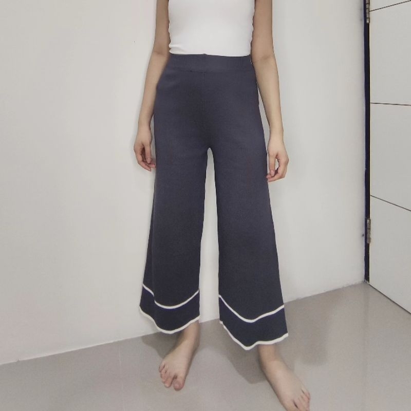 else.wishes - Grey Knit Long Cutbray High Waisted Long Pants with White Stripe Preloved Premium Bran