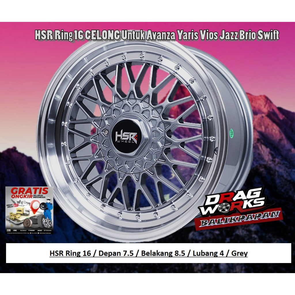 Velg Mobil Racing Ring 16 Pelek HSR Celong XH157 R16 Lebar Depan 7.5 / Belakang 8.5 Lubang 4 Grey Ma