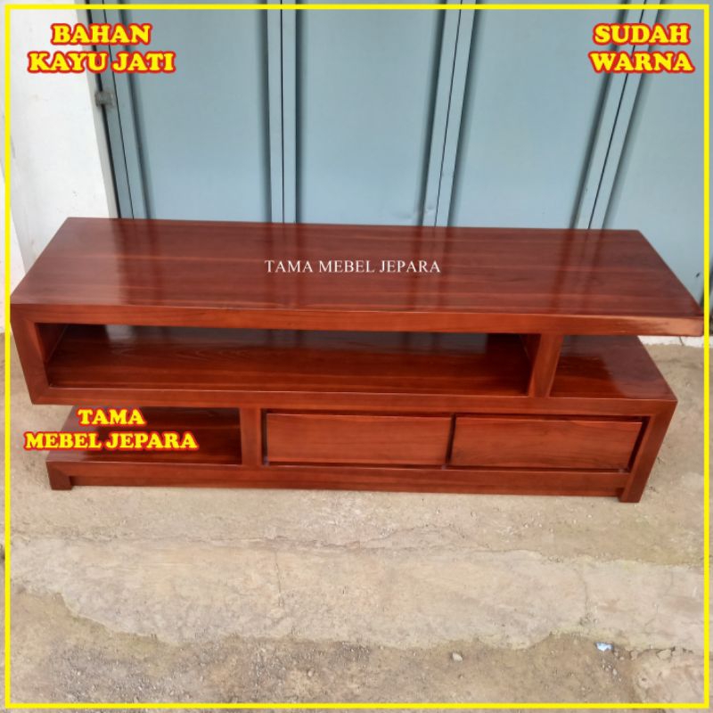 bufet tv minimalis model S kayu jati, rak tv retro kayu jati