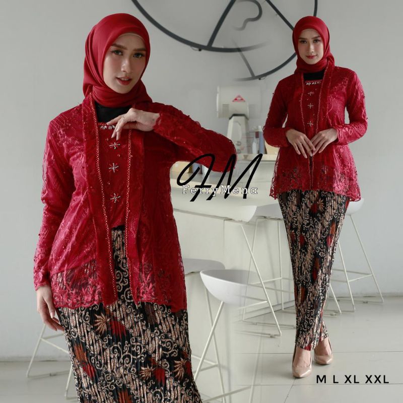 SETELAN KEBAYA KUTU BARU TILLE PAYET + ROK PLISKET BATIK DEWASA PANJANG / BAJU KEBAYA WANITA MUSLIM 