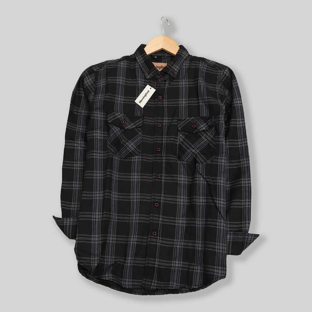 Morningfrost Double Pocket Kemeja Flanel  Kotak Kotak Exclusive Black