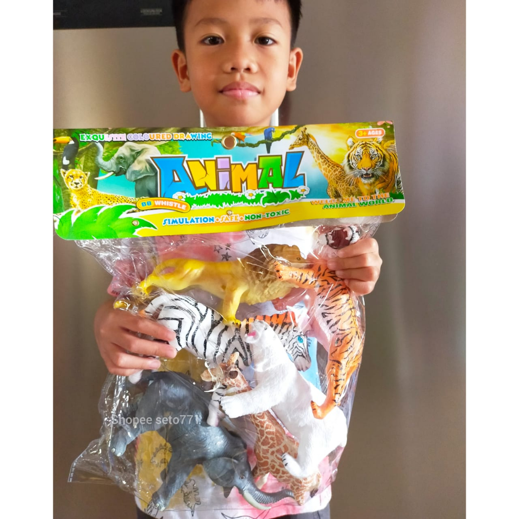 20cm 6pcs Mainan Anak Satu Set Hewan Besar Liar Animal CIt Rubber Bunyi Cit Figur Macan singa Zebra 