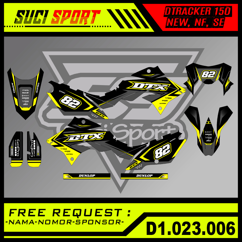 DECAL DTRACKER 150 NEW, KUNING, HITAM, ABU-ABU, SUPERMOTO, TRAIL, DESAIN BISA EDIT NAMA, NOMOR (D1.0