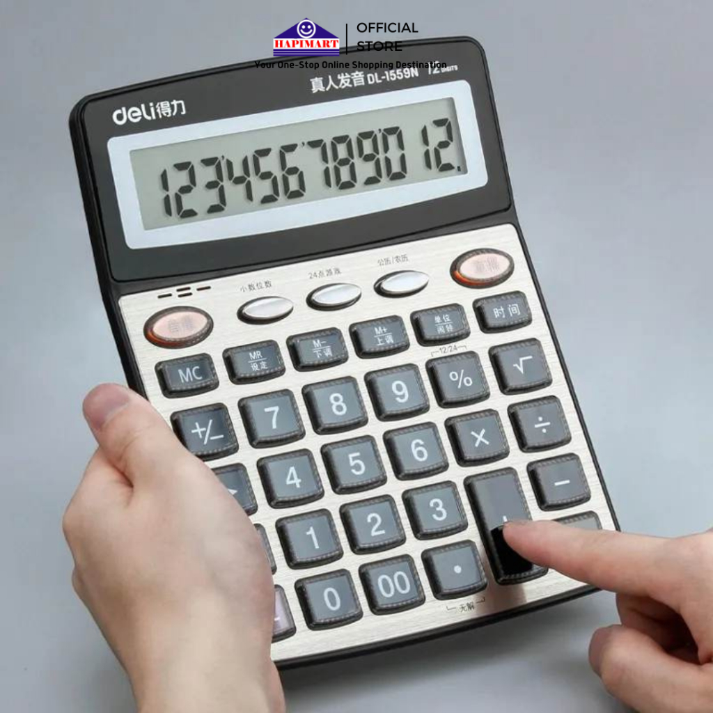 Deli 1559N Talking Calculator/Kalkulator 12 Digit Free Baterai