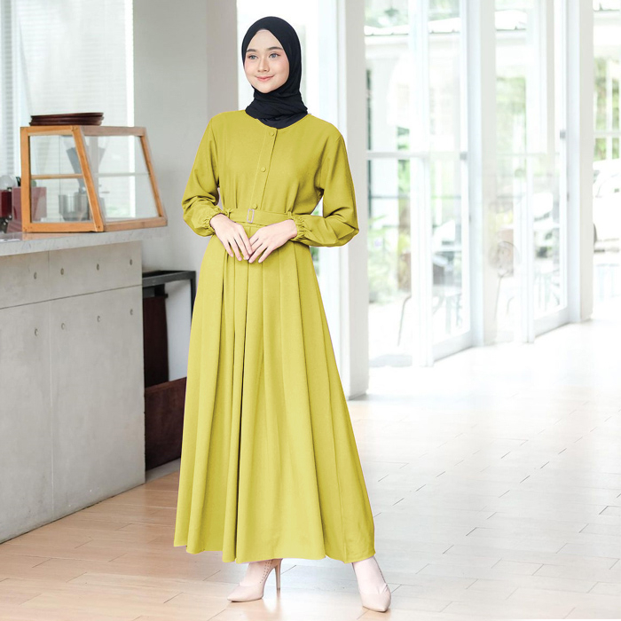 Gamis Monna Dress Sandira Belt Busui Friendly Syar'i Muslimah Jumbo Terbaru Shakila Premium Gamis Polos-LIME