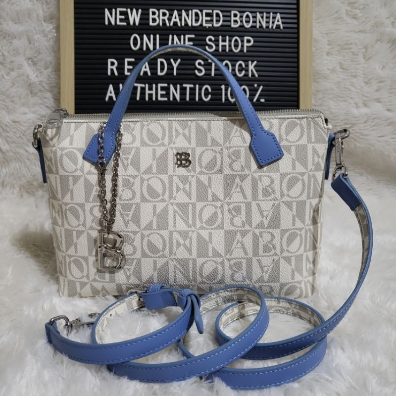 tas bonia original sling bag monogram putih tali biru