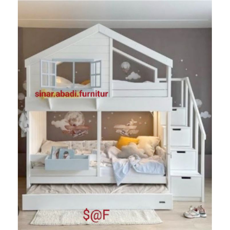tempat tidur anak tingkat+tangga laci+laci Sorong (anak kasur) size 100×200×260