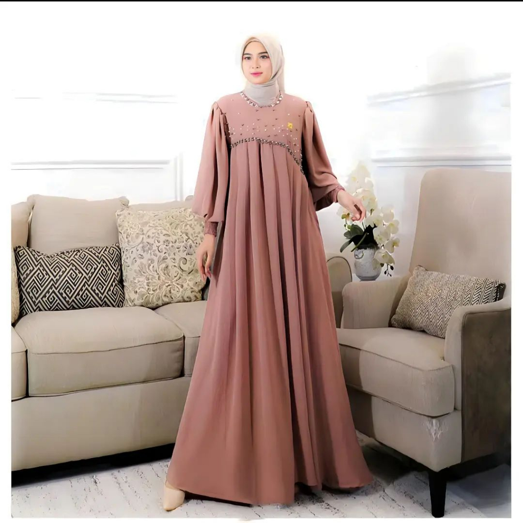 Terbaru Bursa Dress Baju Wanita Dewasa Bahan Crinkle Airflow Mix Mutiara Payet Dress Wanita Terbaru 