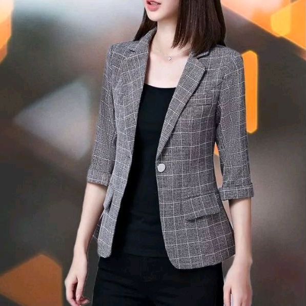 Jas Blazer Wanita Motif Kotak Korean Style Lengan Panjang Kancing Satu