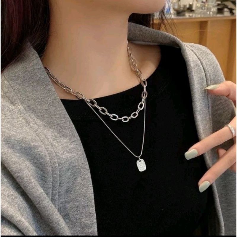Kalung Wanita Rantai Double Layers Liontin Kotak / Kalung Wanita Rantai Double Liontin Huruf Ala Kor