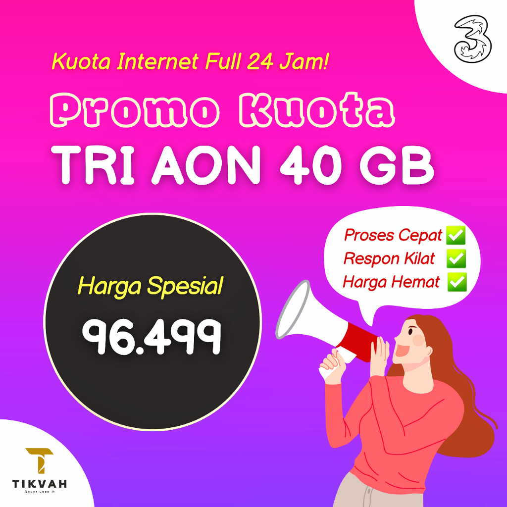 Kuota Tri AON (Always On) 40 GB | Paket Data Internet Three