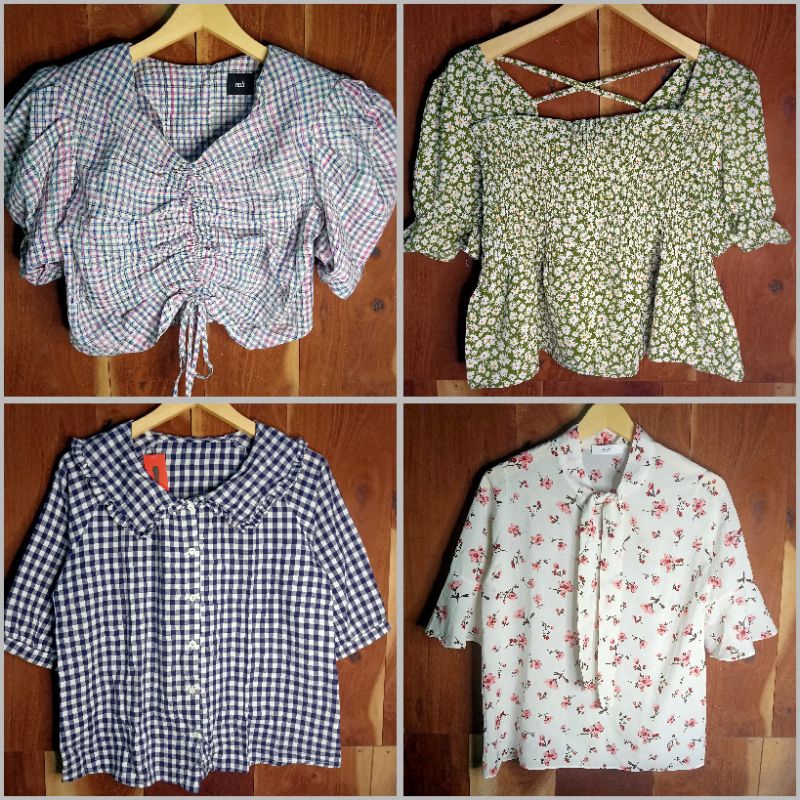 Korean Blouse Shirt Crop Top Kotak Kotak Bunga Vintage I Baju Ala Korea I Kemeja Pakaian Wanita Mura