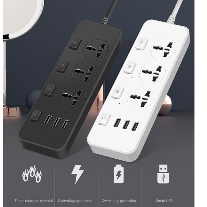 Soket Stop Kontak USB dengan Sakelar Independen dengan 3 Port USB Bercahaya dengan Kabel 2M Stop Kontak 3way/Power Strip/Socket USB 3way