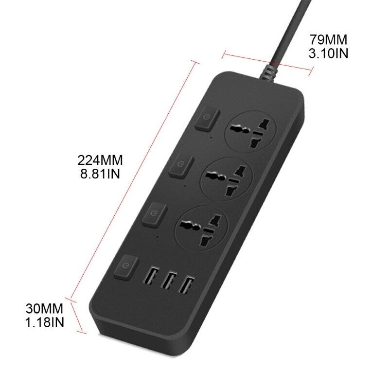 Soket Stop Kontak USB dengan Sakelar Independen dengan 3 Port USB Bercahaya dengan Kabel 2M Stop Kontak 3way/Power Strip/Socket USB 3way