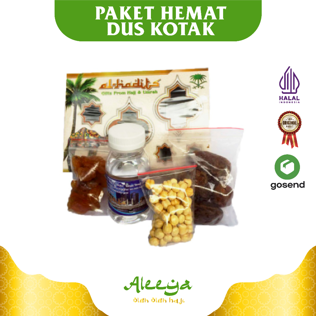 

Paket oleh oleh haji dan Umroh Ekonomis Kurma Khalas + Kismis + kacang arab + Air zamzam asli