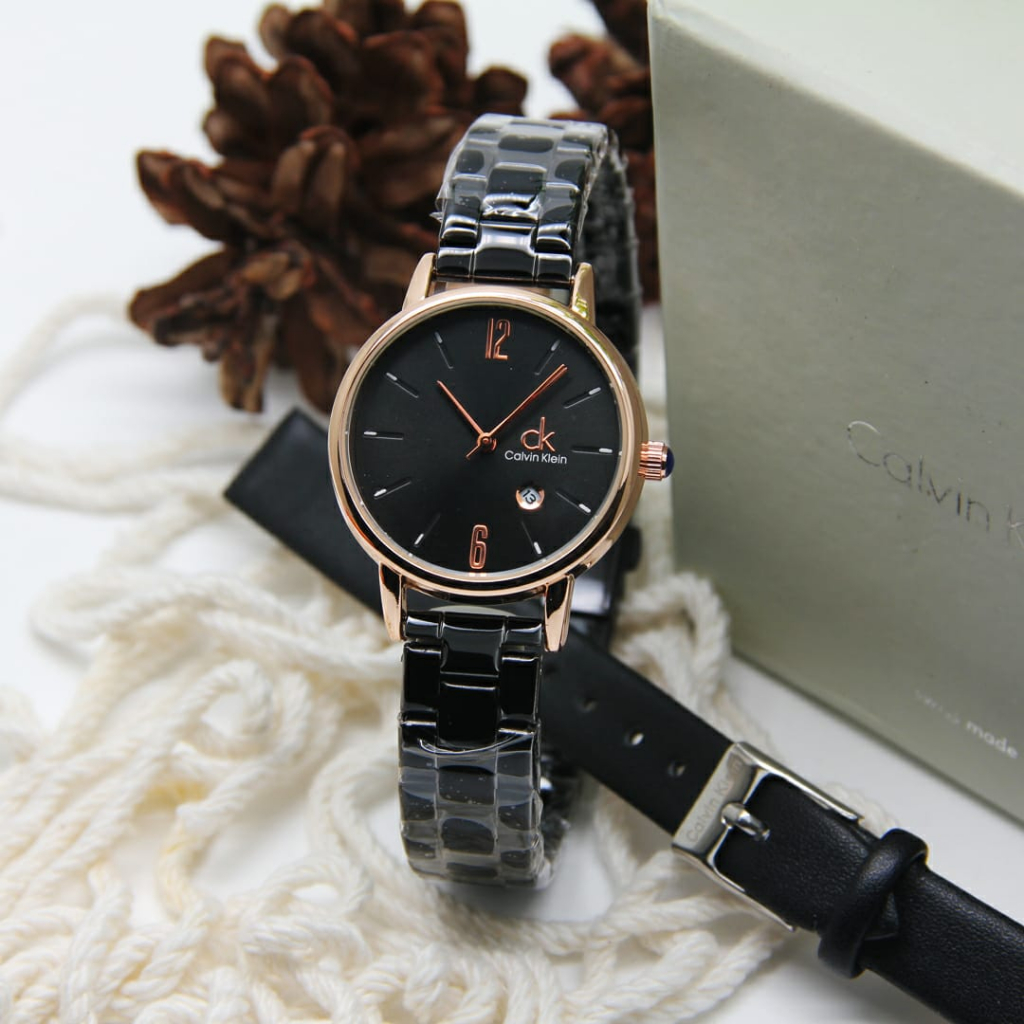 BISA COD Jam Tangan Wanita Fashion C4lv1n Kl3in Rantai Free Box & Tali Kulit AG-040082