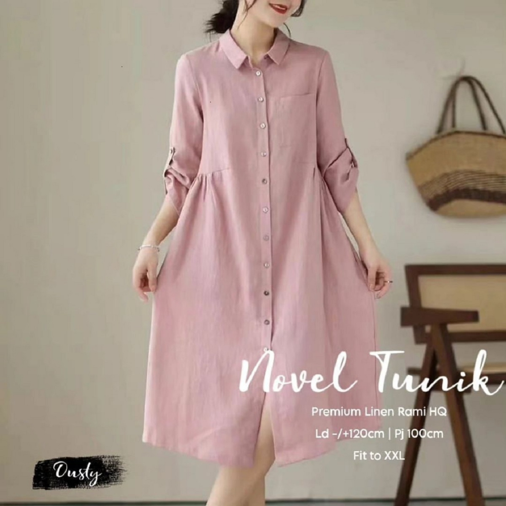 Long Tunik Novel JUMBO Bahan Linen Rami Baju Stelan Wanita Terbaru Tunik Remaja Dewasa Blus Wanita T