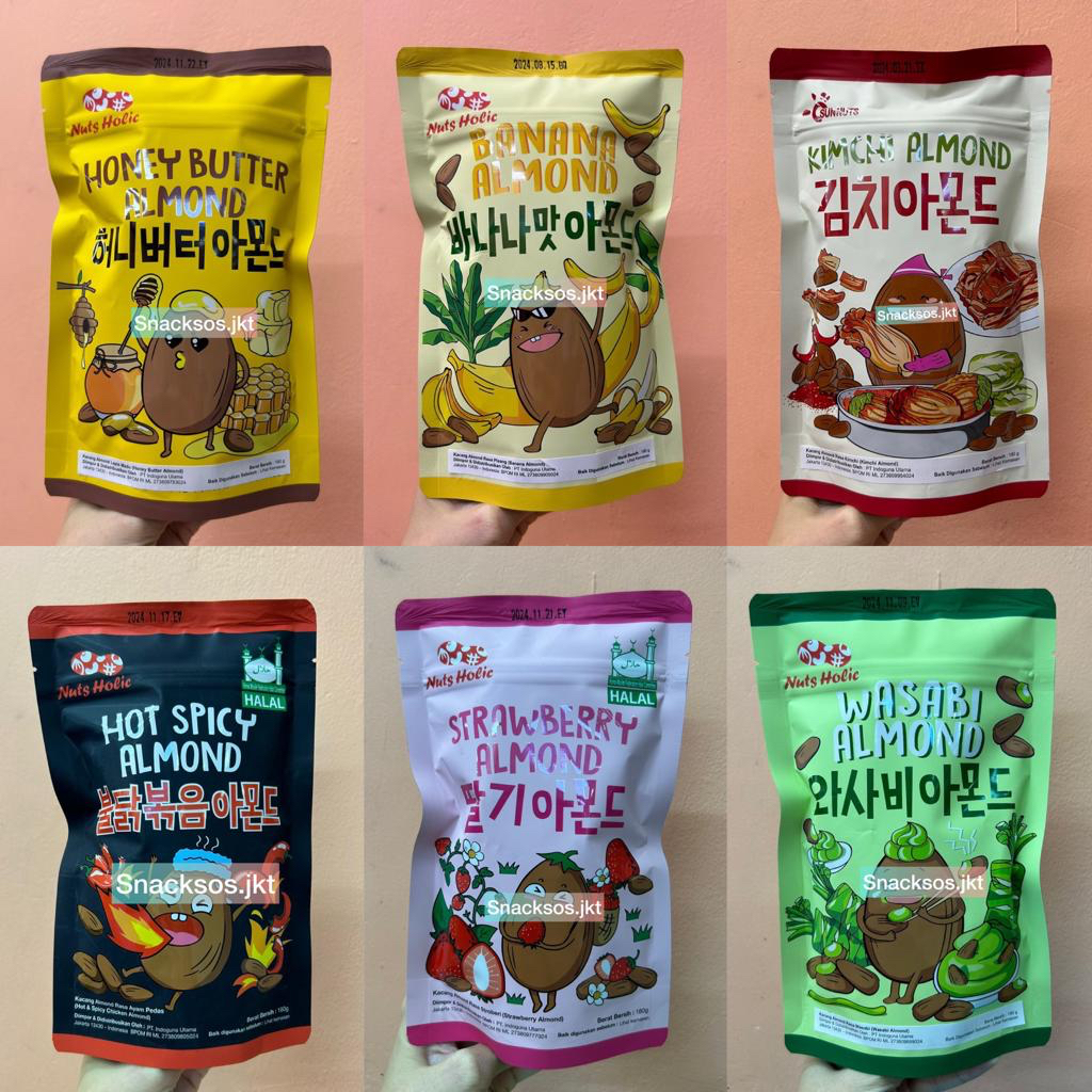 

[BIG 180G] NUTS HOLIC HONEY BUTTER ALMOND / STRAWBERRY ALMOND / KIMCHI ALMOND / BANANA ALMOND / HOT & SPICY ALMOND / WASABI ALMOND