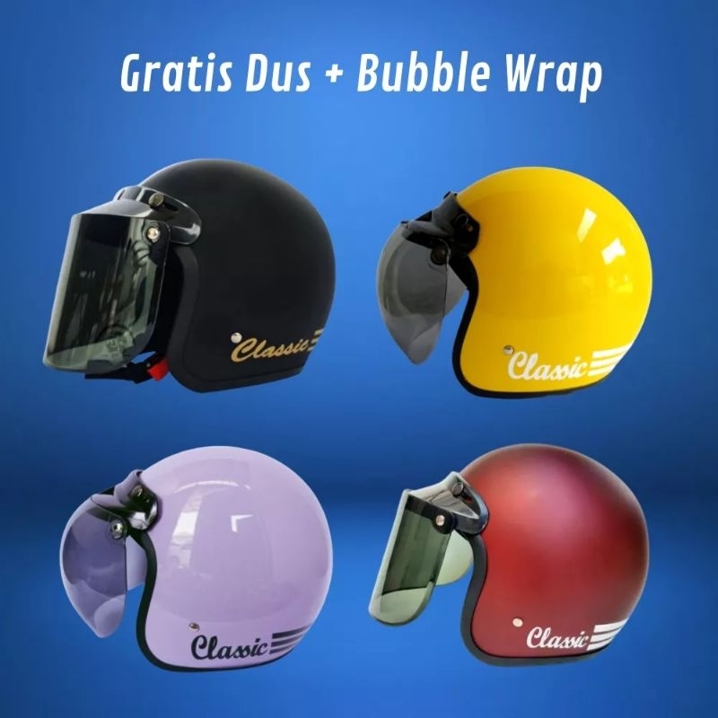 HELM BOGO CLASSIC KACA DATAR HITAM KACA DATAR BENING KACA CEMBUNG HITAM SNI