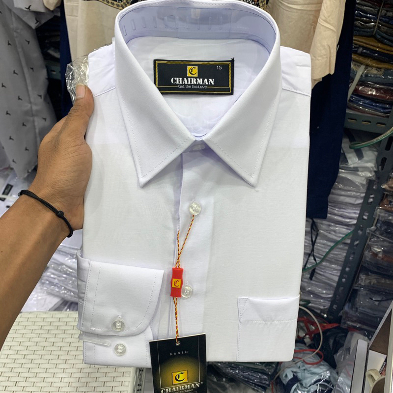 kemeja putih formal lengan panjang polos chairman kerah keras rapi