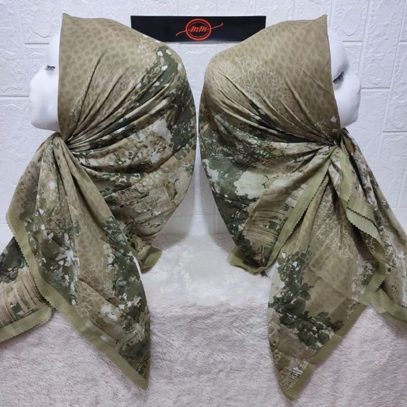 Promo Hijab Segi Empat Voal Motif Sakura New York Warna Hijau Army Jilbab Kerudung Terbaru