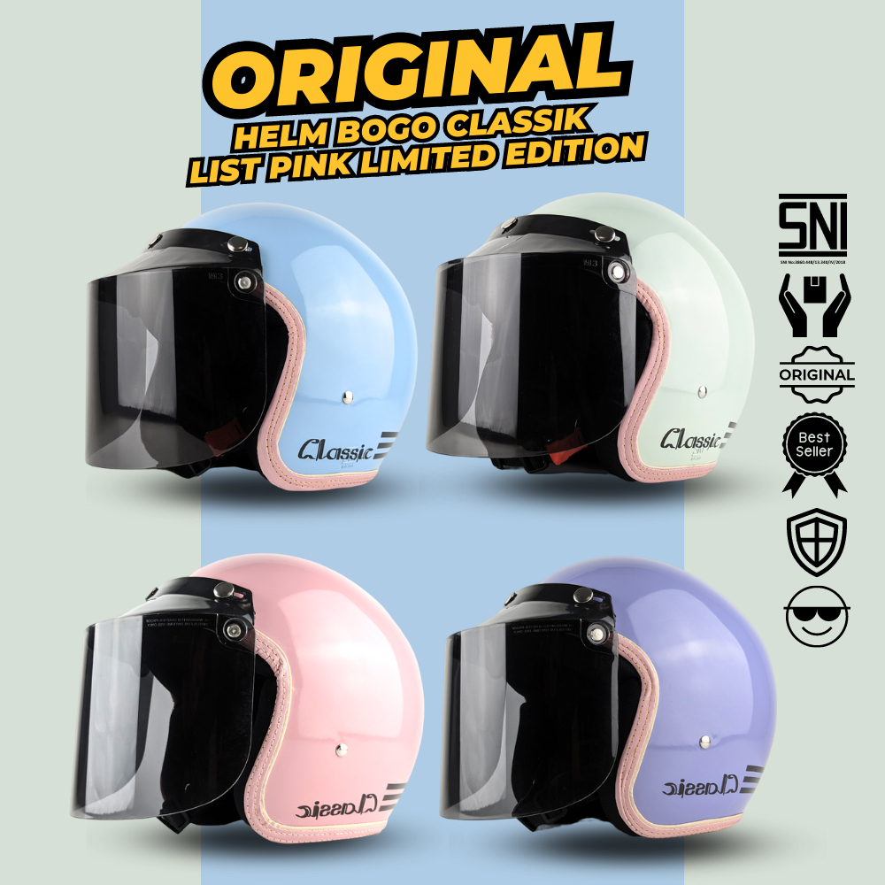Cod Promo BPT Helmet Helm Bogo Classic List Kulit Pink SNI Wanita Cewek Hijab Dewasa Free Kaca datar